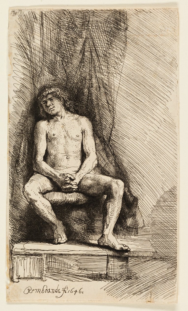 Naakte man zittend voor een gordijn door Rembrandt van Rijn