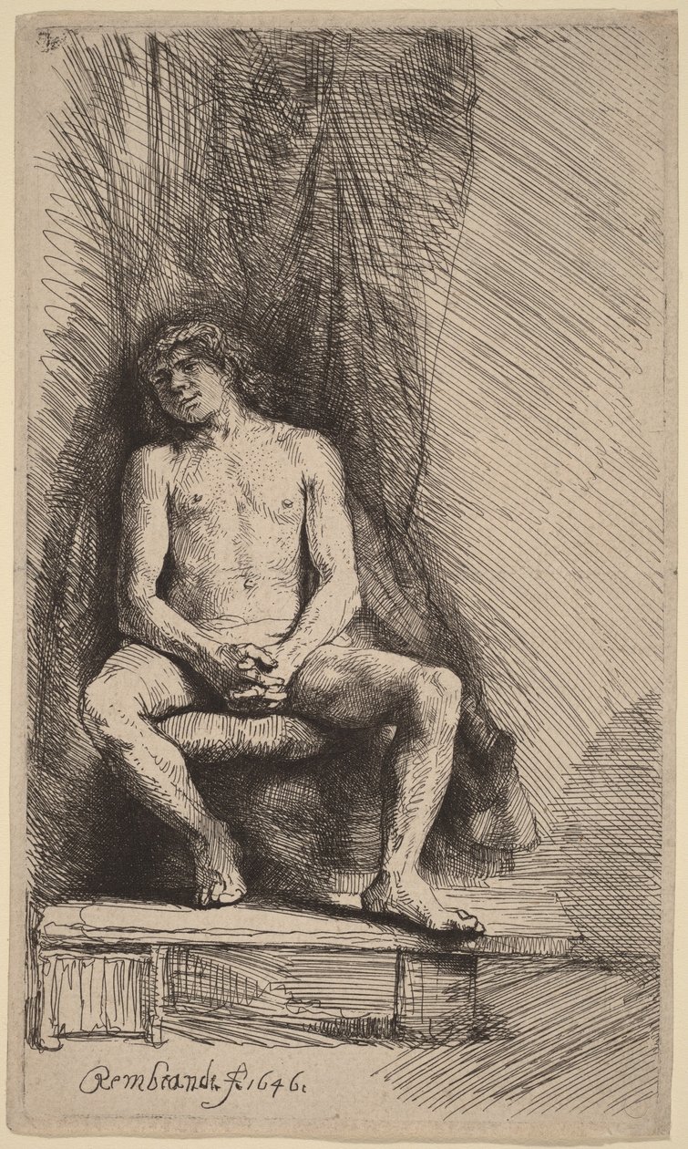 Naakte man zittend voor een gordijn door Rembrandt van Rijn