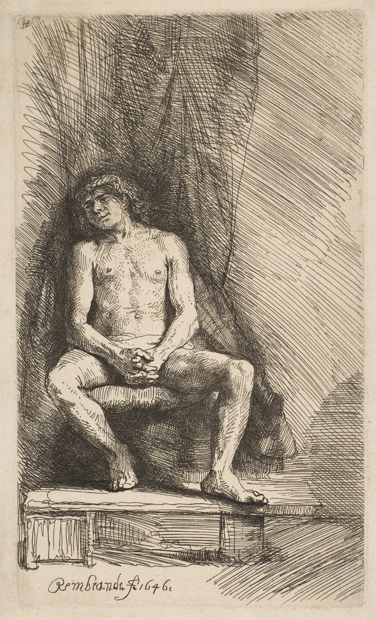 Naakte Man Zittend voor een Gordijn door Rembrandt van Rijn