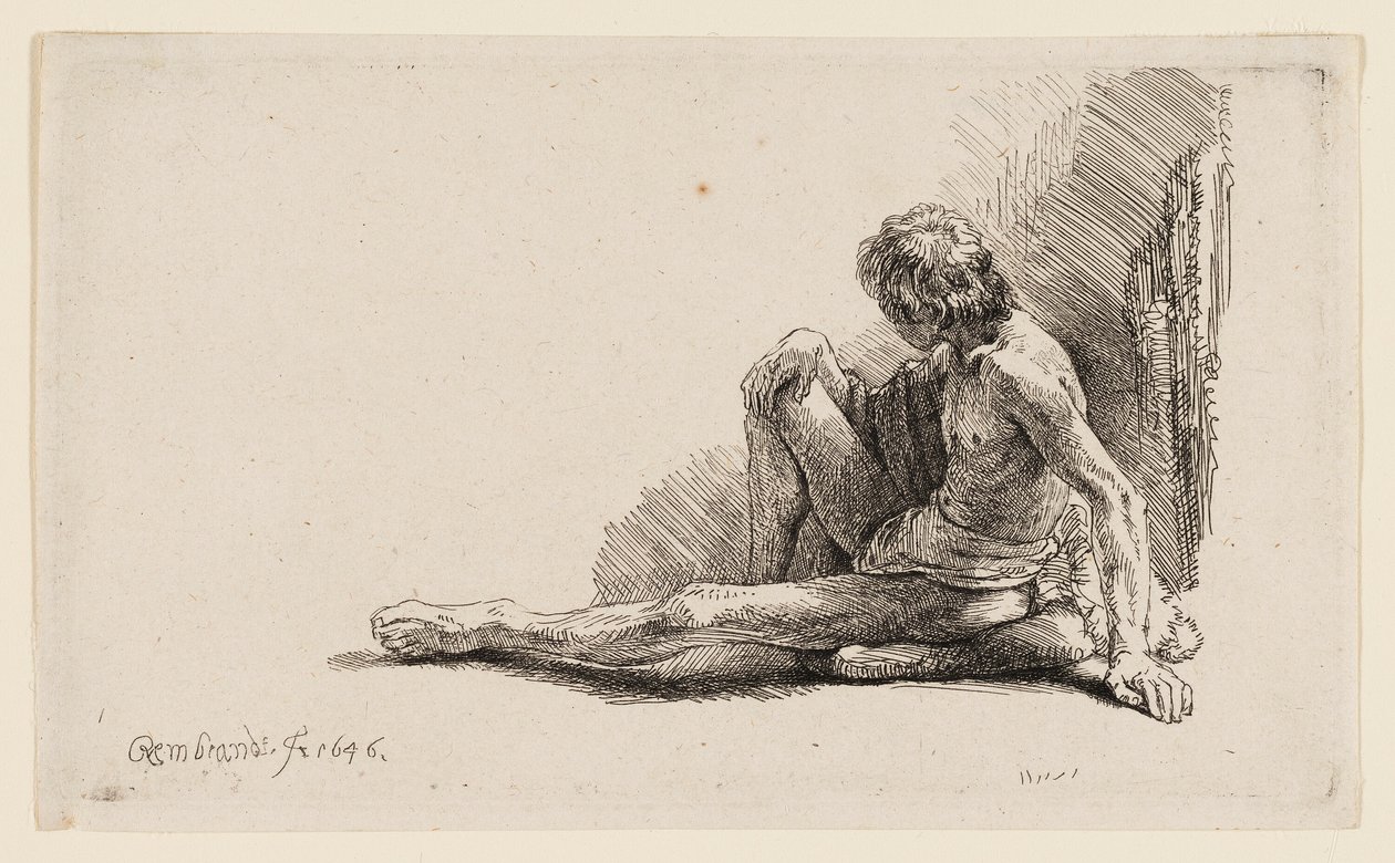 Naakte Man Zittend op de Grond met Eén Been Gestrekt door Rembrandt van Rijn