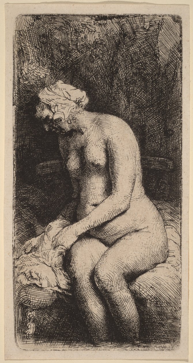 Naakt zittend op een bankje met een kussen (vrouw die haar voeten wast bij een beekje) door Rembrandt van Rijn