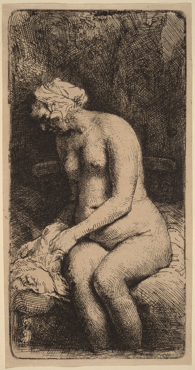 Naakt zittend op een bankje met een kussen (vrouw die haar voeten wast bij een beekje) door Rembrandt van Rijn