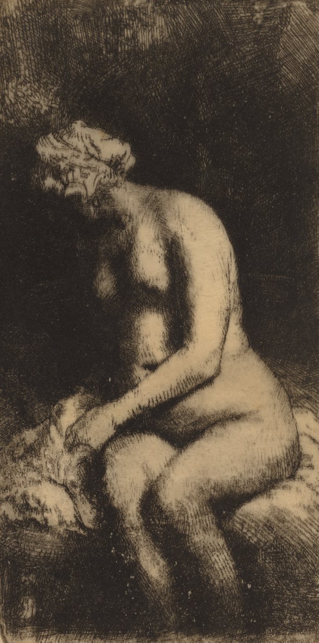 Naakt zittend op een bank met een kussen Vrouw die haar voeten baadt in een beek, 1658 door Rembrandt van Rijn