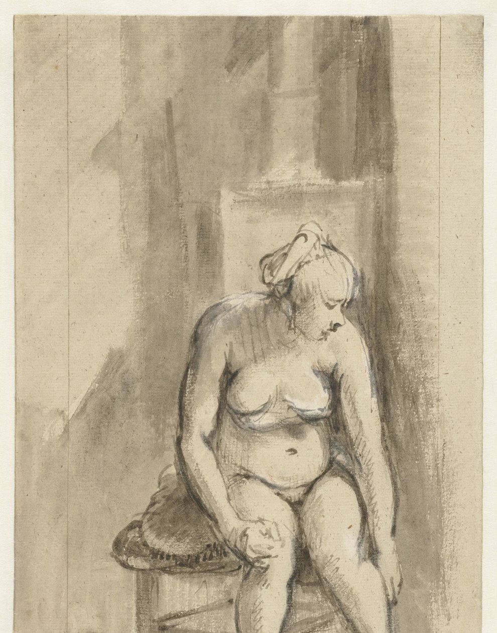 Naakte vrouw zittend bij een kachel door Rembrandt van Rijn