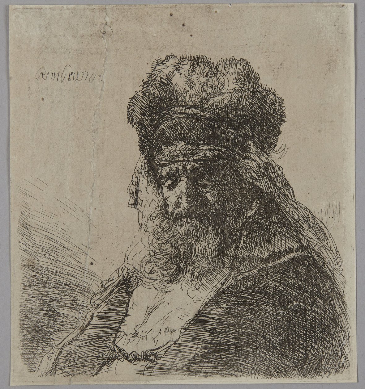 Oude, bebaarde man met een hoge bontmuts, met gesloten ogen door Rembrandt van Rijn