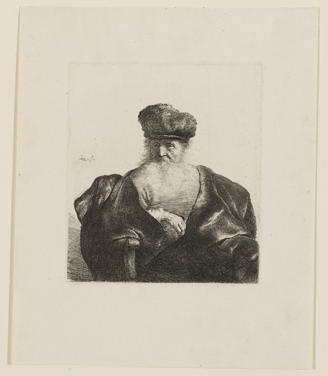 Zittende oude man met een golvende baard, een bontmuts en een fluwelen mantel door Rembrandt van Rijn