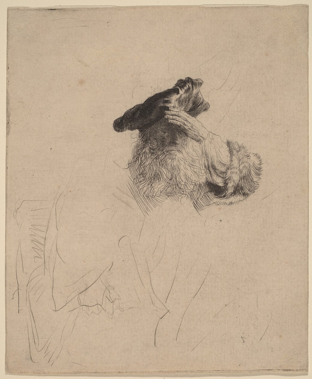 Oude man die met zijn hand zijn ogen afschermt door Rembrandt van Rijn