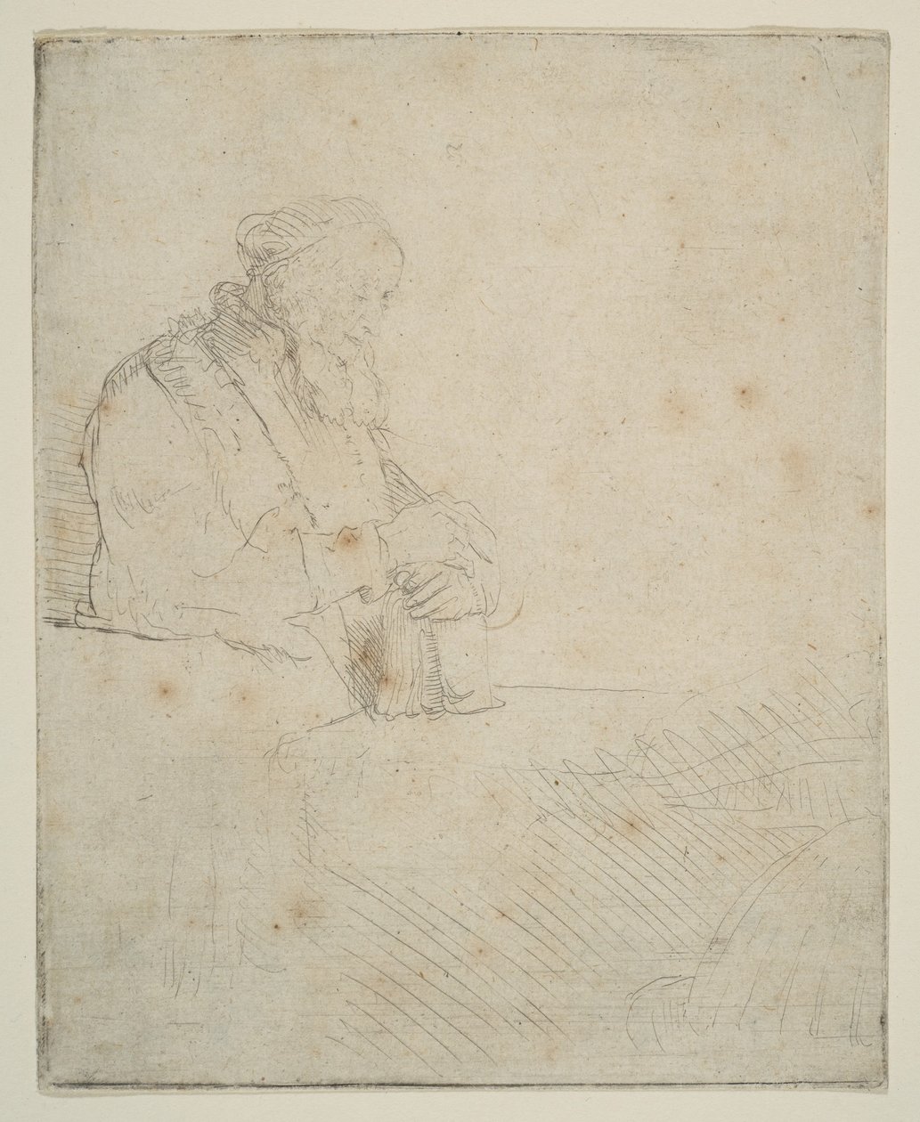 Oude Man in Meditatie, Leunend op een Boek door Rembrandt van Rijn