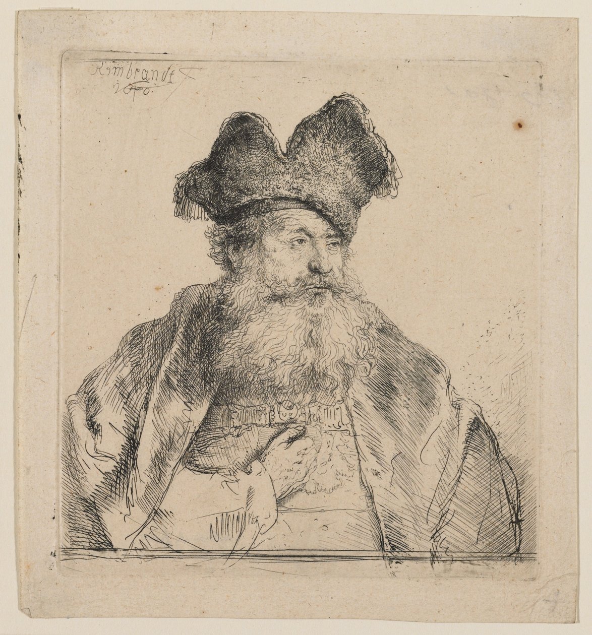 Oude man met een tweedelige bontmuts door Rembrandt van Rijn