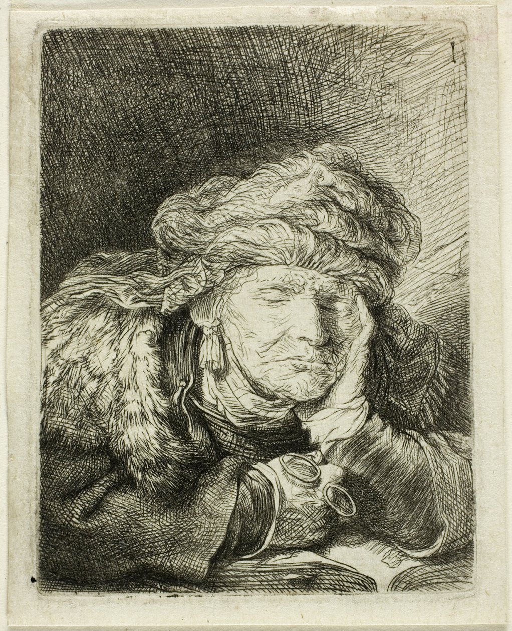 Slapende oude vrouw door Rembrandt van Rijn