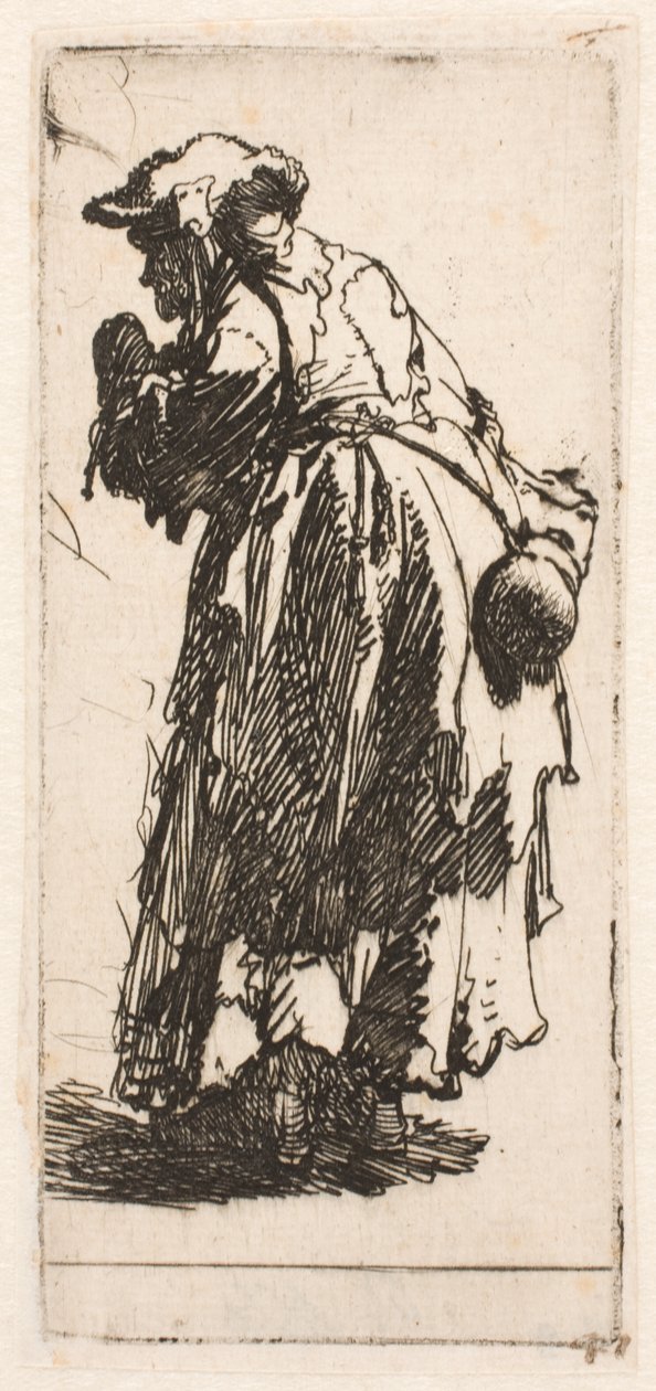 Oude bedelvrouw met een kalebas door Rembrandt van Rijn