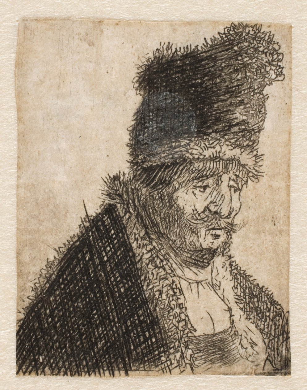 Oude man in bontjas en hoge pet: borstbeeld door Rembrandt van Rijn
