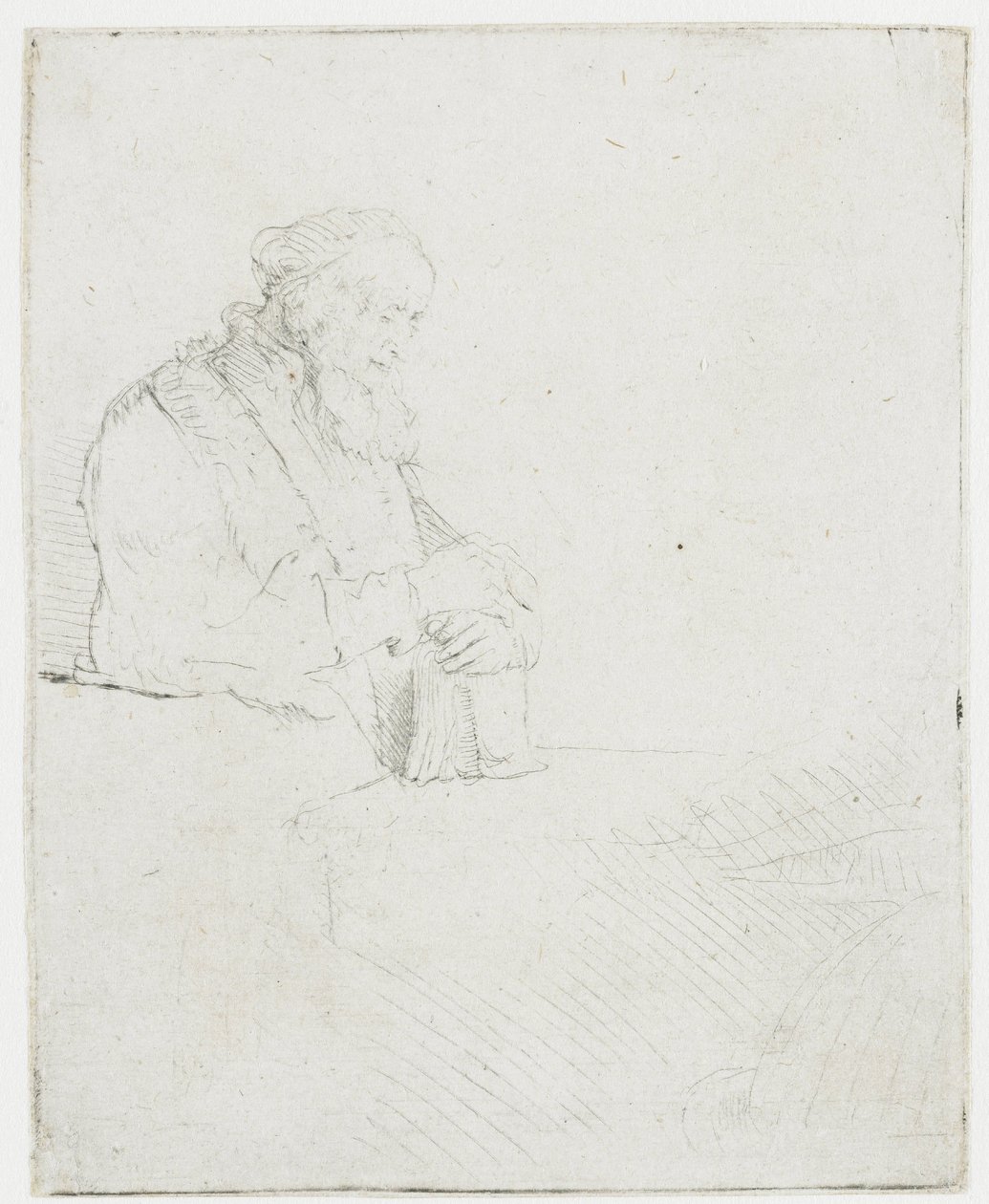 Een oude man in meditatie, leunend op een boek door Rembrandt van Rijn