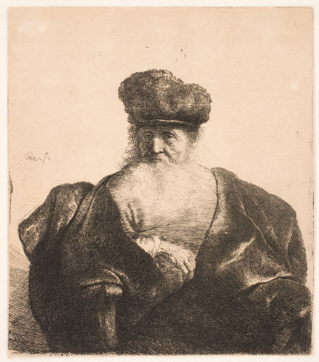 Zittende oude man, met een golvende baard, een bontmuts en een fluwelen mantel door Rembrandt van Rijn