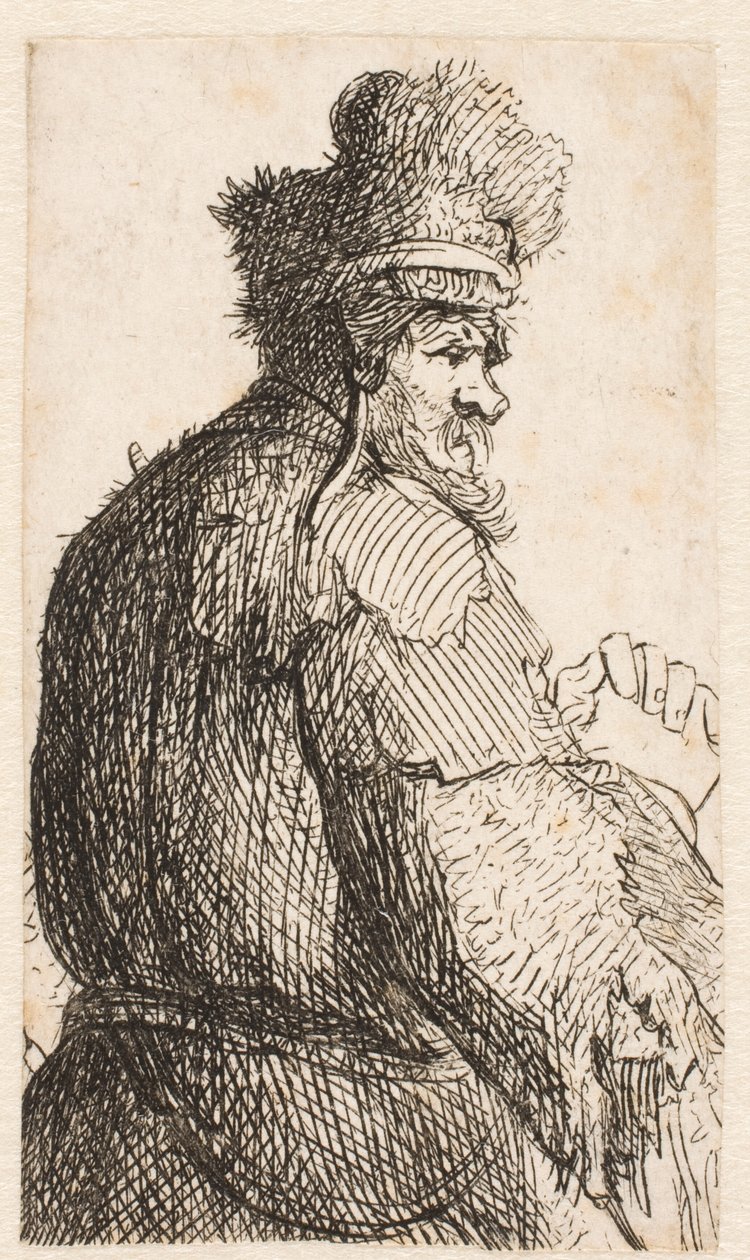 Oude man, van achteren gezien: profiel naar rechts: halffiguur door Rembrandt van Rijn