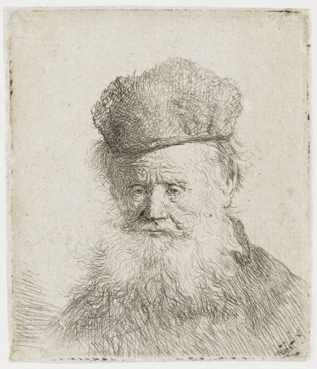 Oude man met bontmuts en lange baard door Rembrandt van Rijn