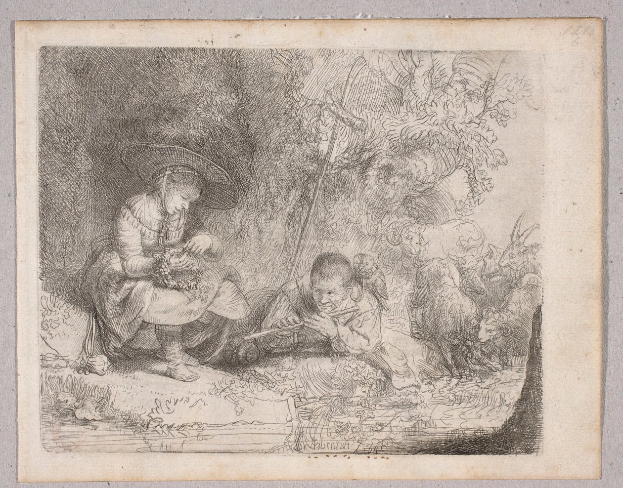 Een herder die op de fluit speelt (Omval-gezicht met een herderin en een fluitist) door Rembrandt van Rijn