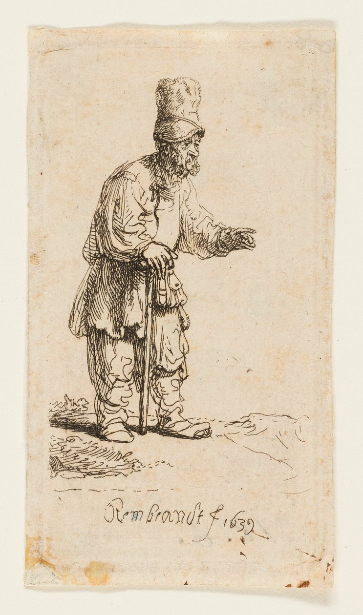 Boer met een hoge pet, leunend op een stok door Rembrandt van Rijn