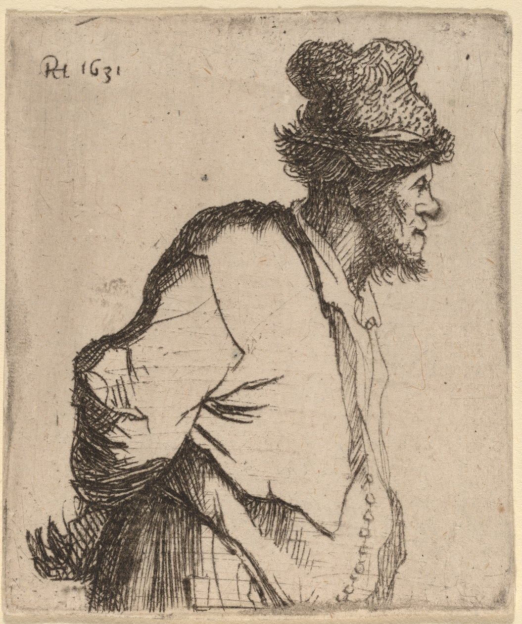 Boer met zijn handen achter zijn rug door Rembrandt van Rijn