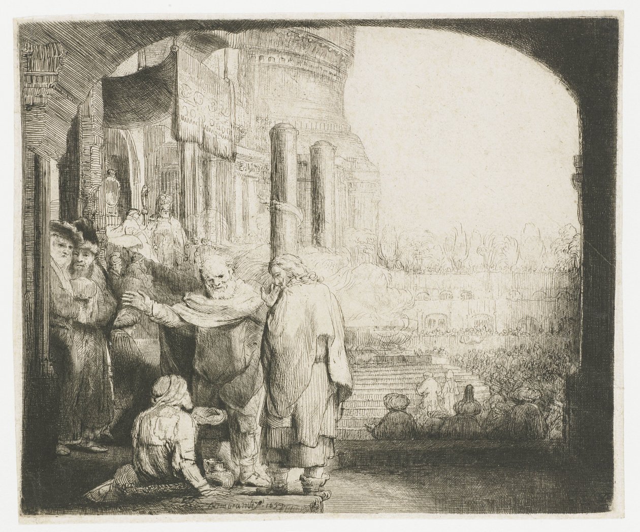Petrus en Johannes genezen de kreupele bij de tempelpoort door Rembrandt van Rijn