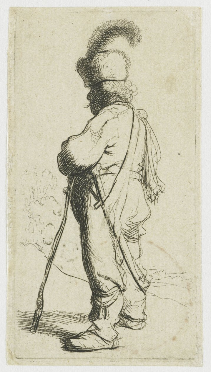 Een Pool die op een stok leunt door Rembrandt van Rijn