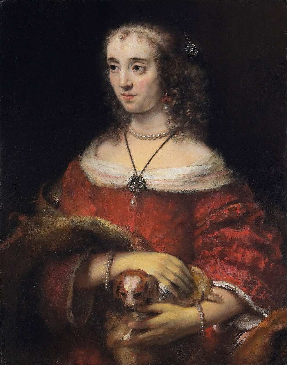 Portret van een dame met een schoothondje, ca 1665 door Rembrandt van Rijn