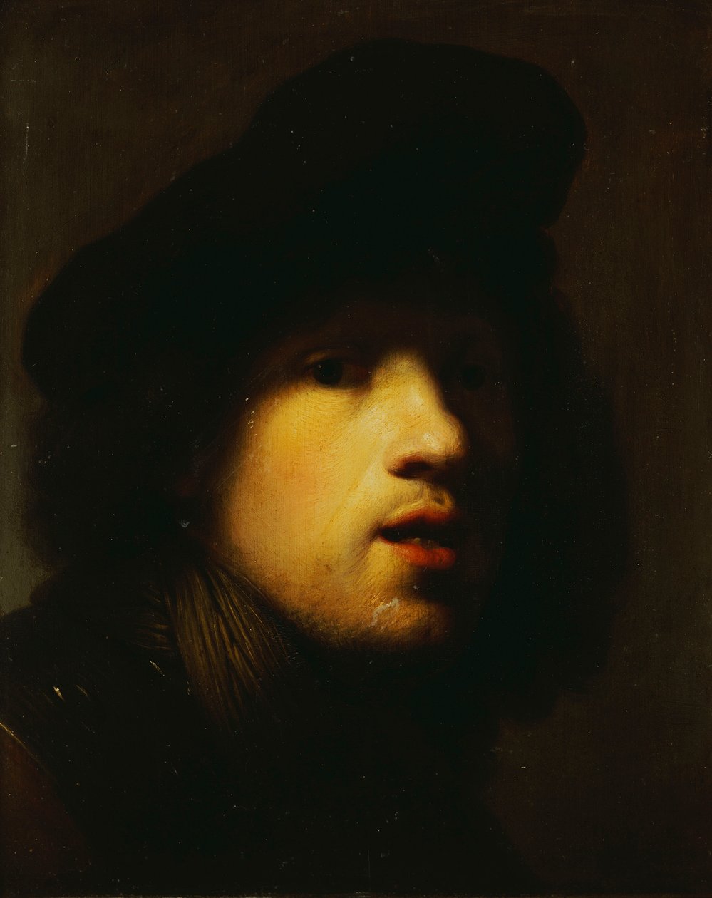 Portret van de kunstenaar, hoofd en schouders, in een zwarte baret en een gorget door Rembrandt van Rijn