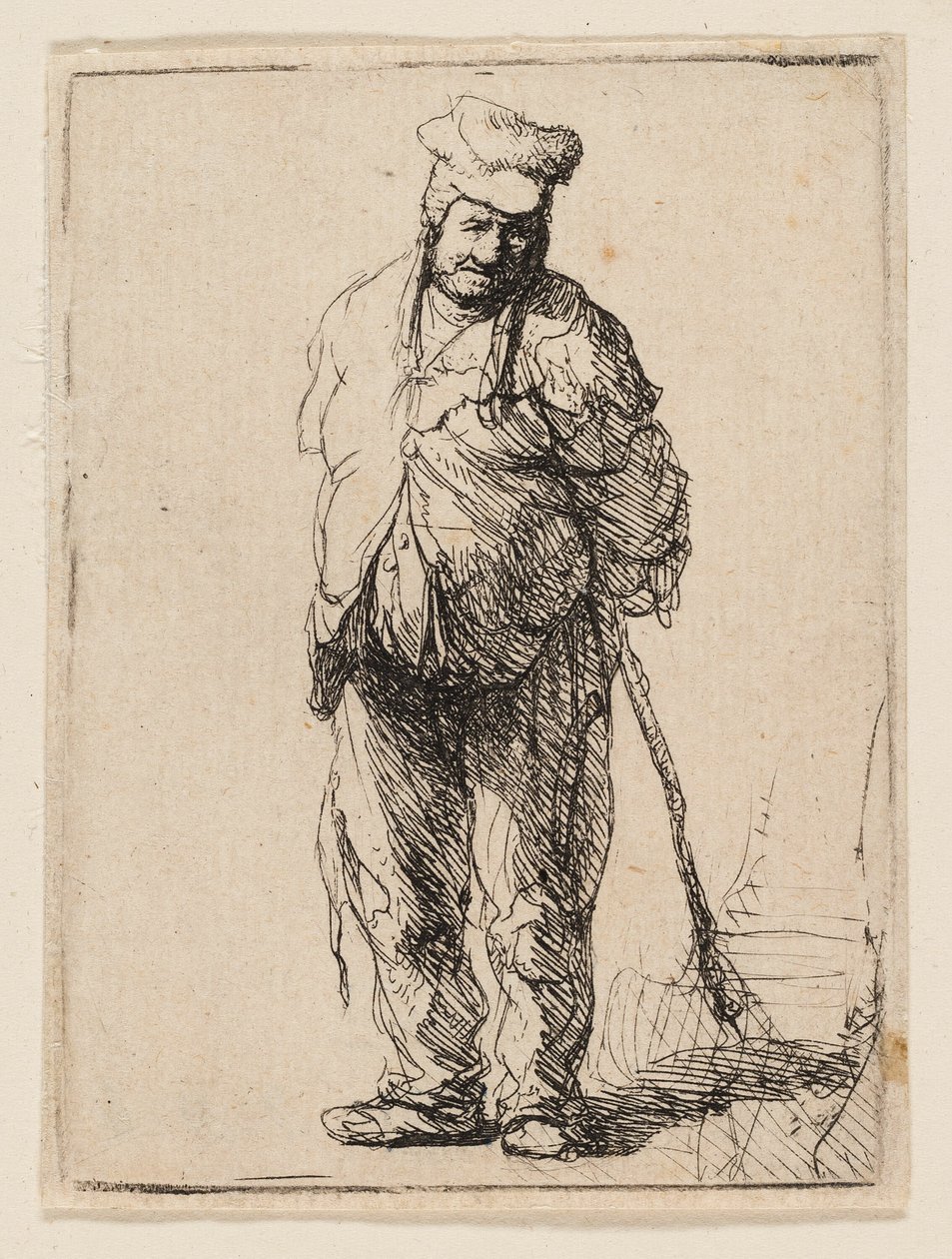 Haveloze boer met zijn handen achter zijn rug, een stok vasthoudend door Rembrandt van Rijn