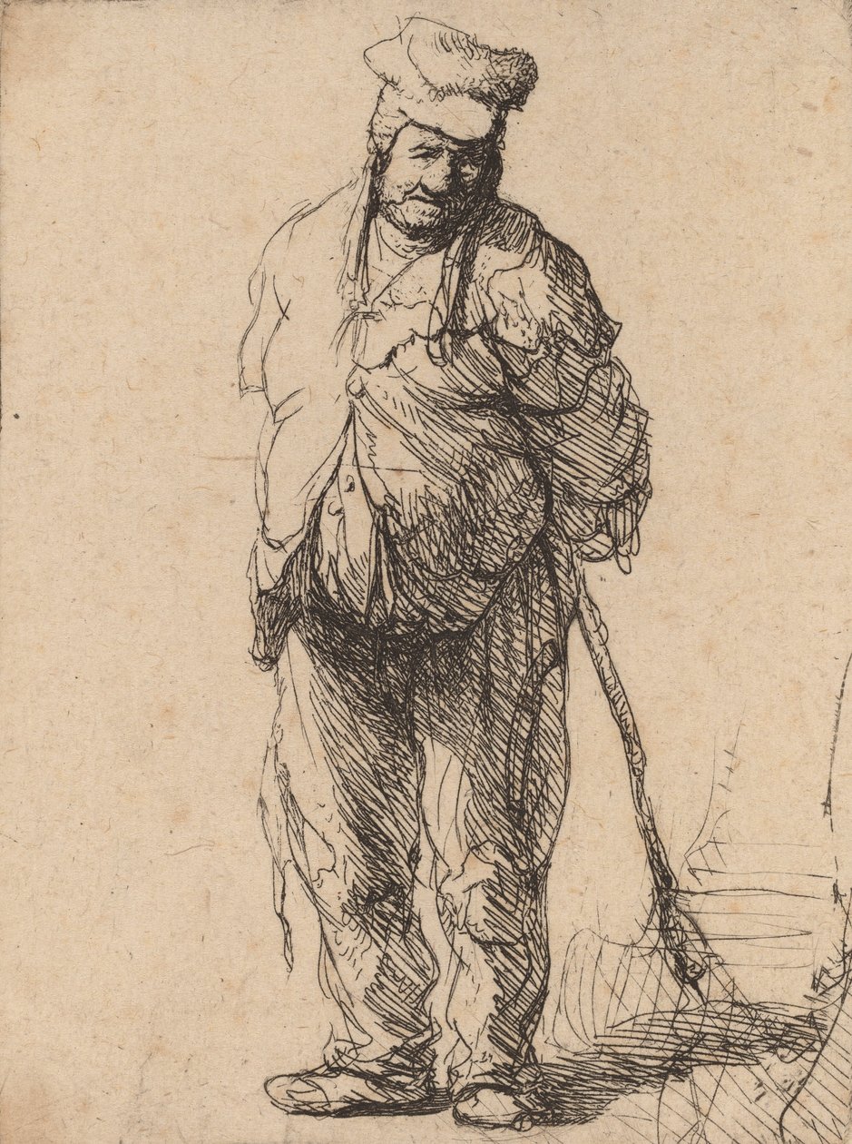 Haveloze boer met zijn handen achter zich, met een stok, ca. 1630 door Rembrandt van Rijn