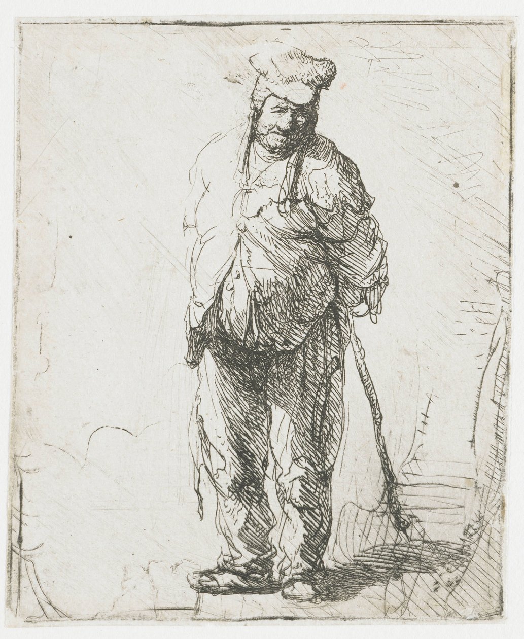 Een haveloze boer met zijn handen achter zijn rug, die een stok vasthoudt door Rembrandt van Rijn