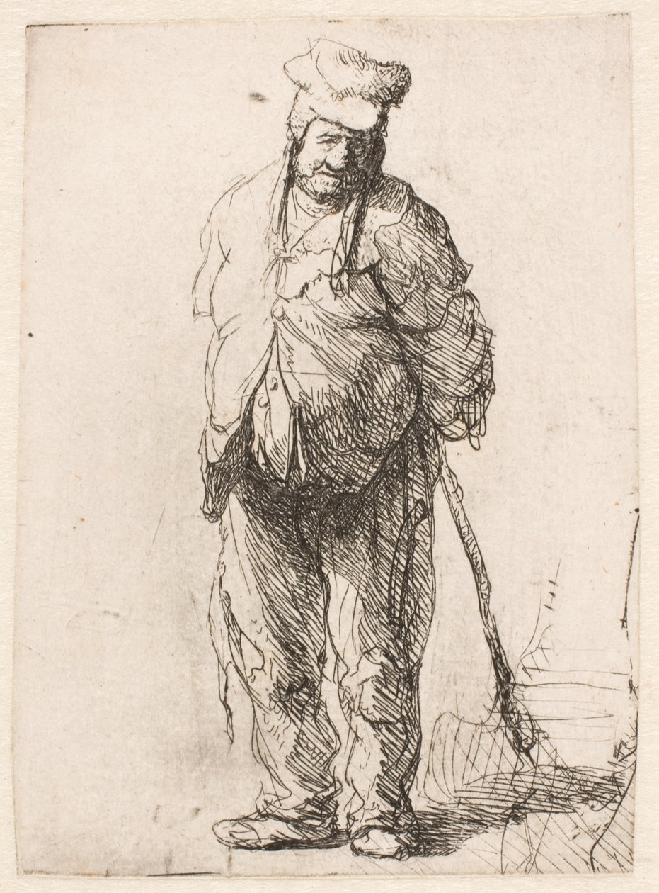 Een haveloze boer met zijn handen achter zijn rug, die een stok vasthoudt door Rembrandt van Rijn