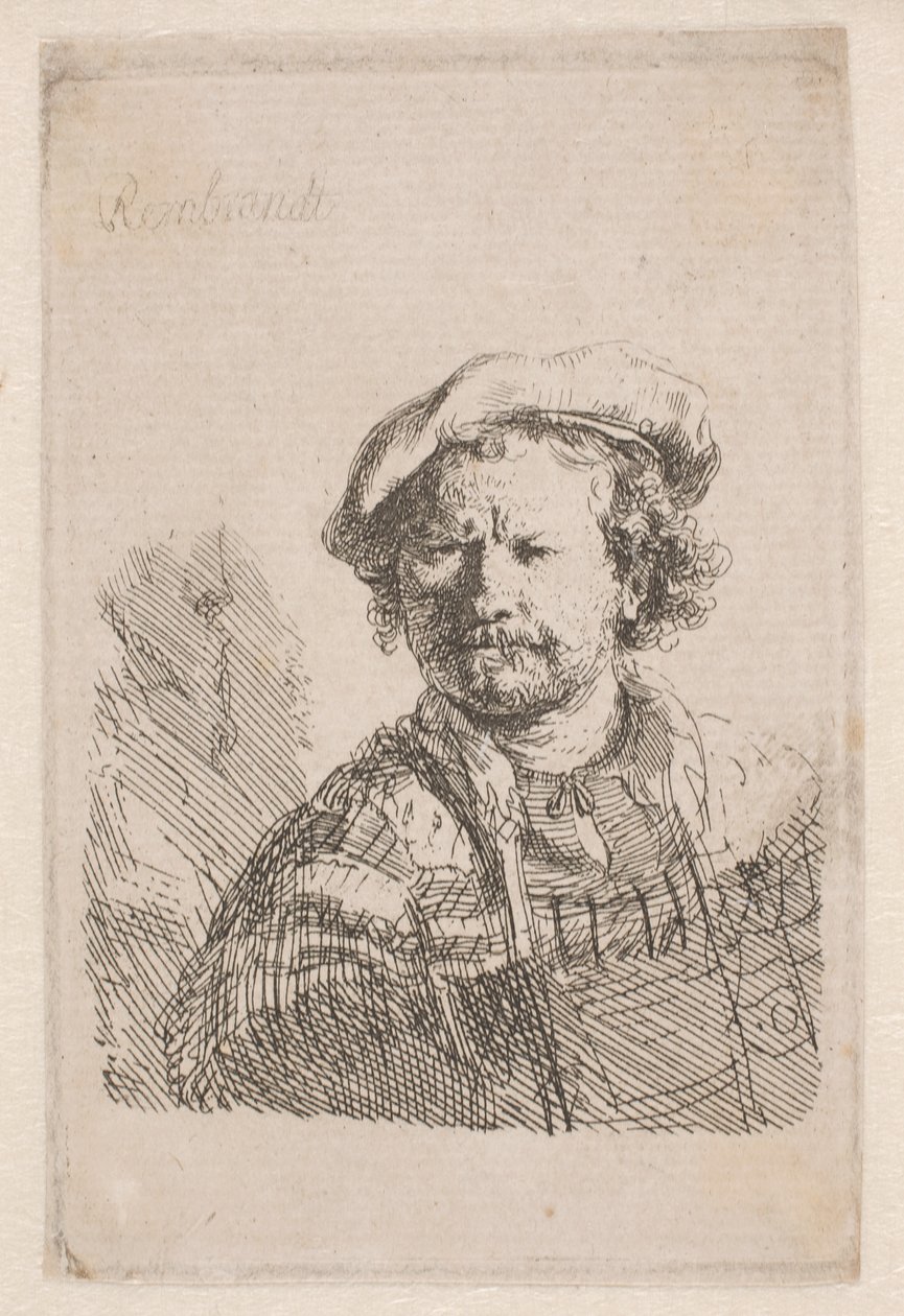 Rembrandt met een platte pet en een sjaal om zijn schouders door Rembrandt van Rijn