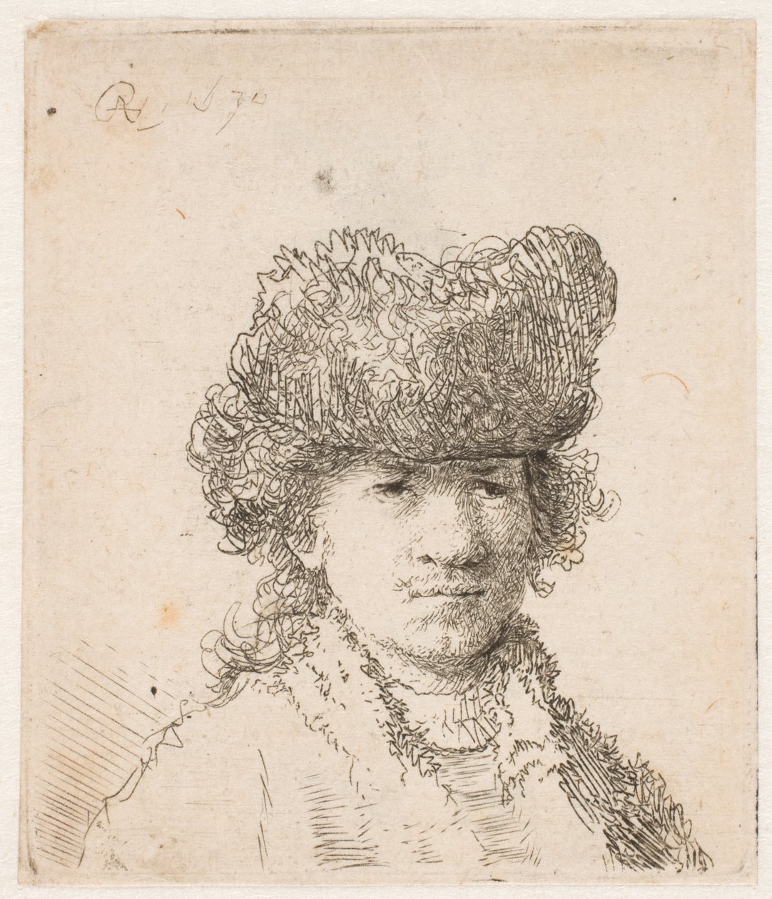 Rembrandt met een bontmuts: het licht op de kleding: borstbeeld door Rembrandt van Rijn