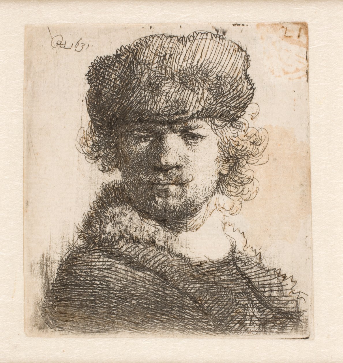 Rembrandt met een zware bontmuts: vooraanzicht: borstbeeld door Rembrandt van Rijn