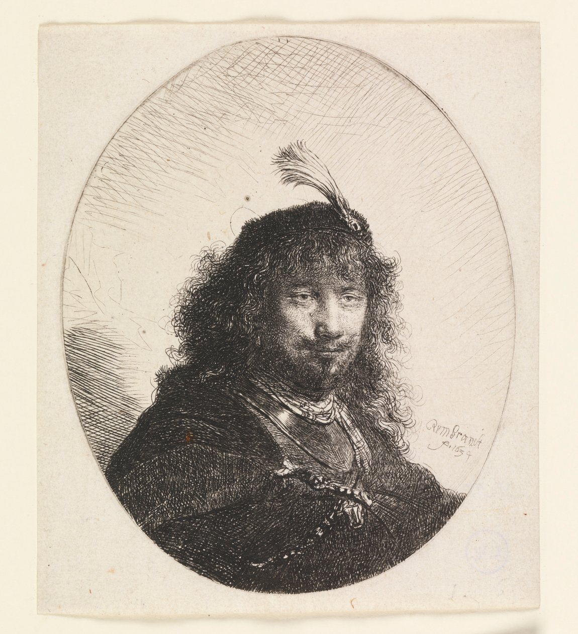 Rembrandt met gevederde hoed en neergelaten sabel door Rembrandt van Rijn