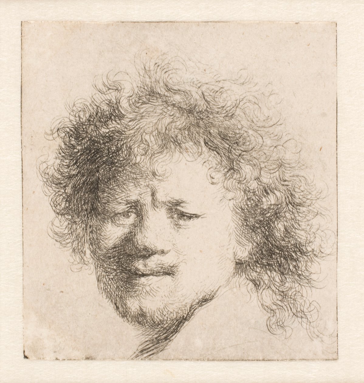 Rembrandt met lang, weelderig haar: alleen het hoofd door Rembrandt van Rijn