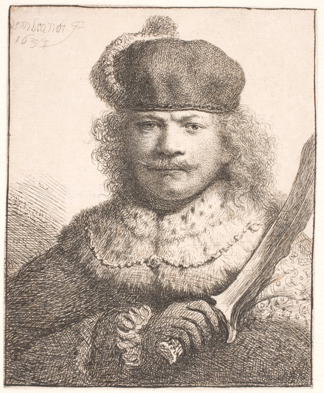 Rembrandt met opgeheven sabel: halflang portret door Rembrandt van Rijn
