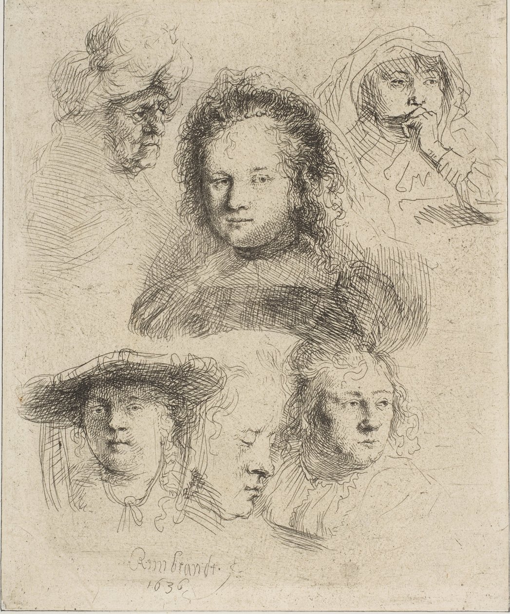 Rembrandts Vrouw en Vijf Andere Hoofden, 1636 door Rembrandt van Rijn