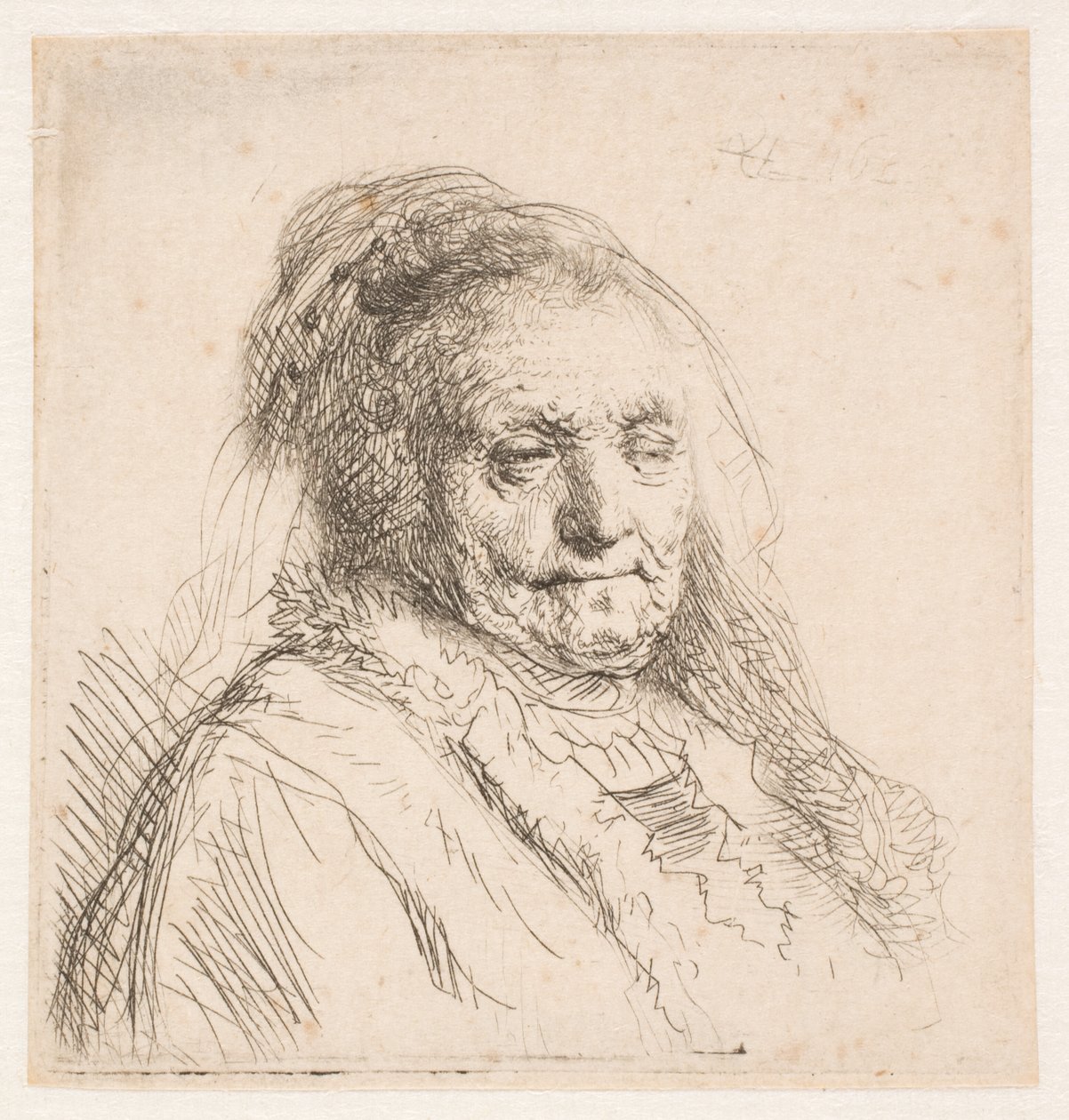 Rembrandts moeder: hoofd en buste, driekwartprofiel door Rembrandt van Rijn