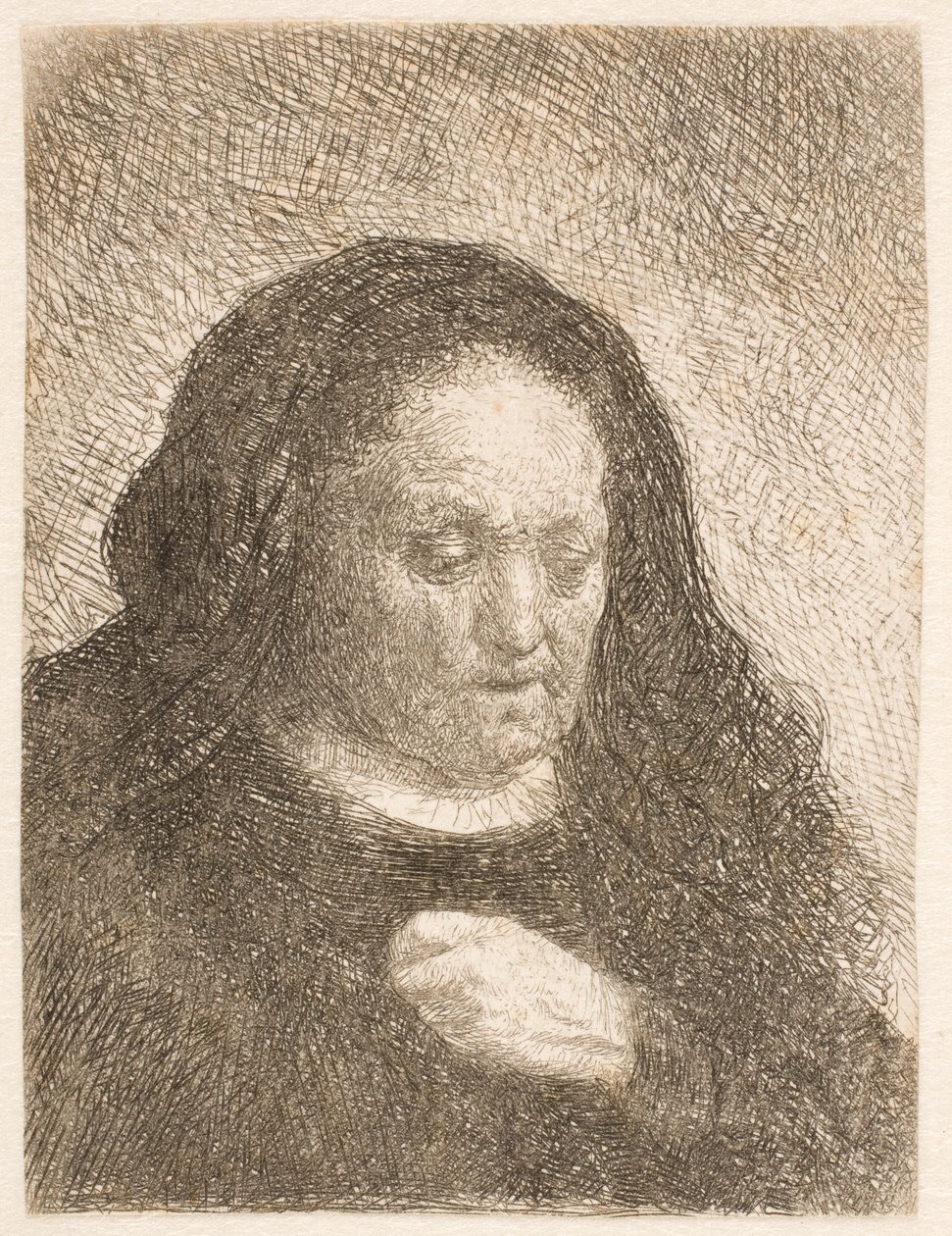 Rembrandts moeder met de hand op de borst: kleine buste door Rembrandt van Rijn
