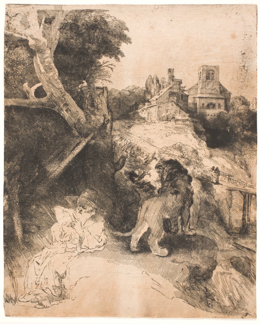 S. Hiëronymus aan het lezen, in een Italiaans landschap door Rembrandt van Rijn