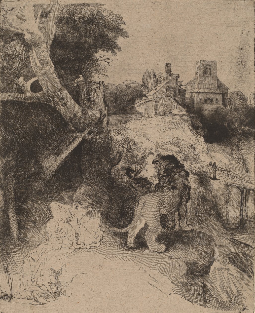 Sint Hiëronymus lezend in een Italiaans landschap, ca. 1653 door Rembrandt van Rijn