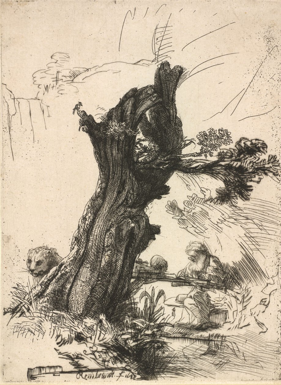 Sint Hiëronymus naast een geknotte wilg door Rembrandt van Rijn