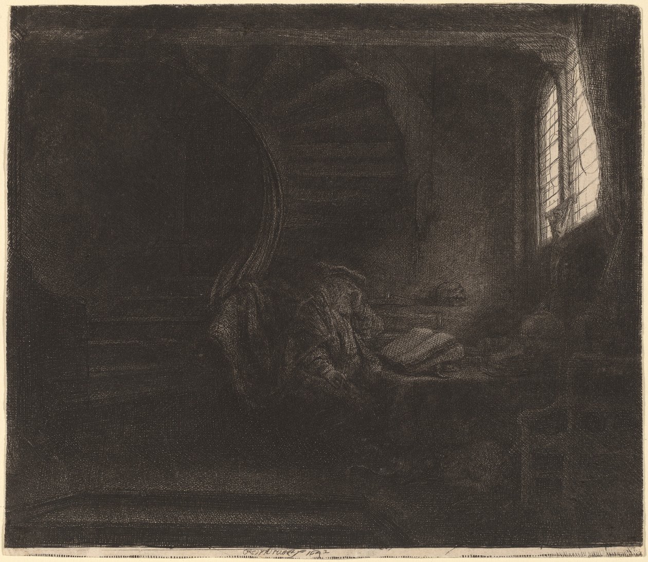 Sint Hiëronymus in een donkere kamer door Rembrandt van Rijn