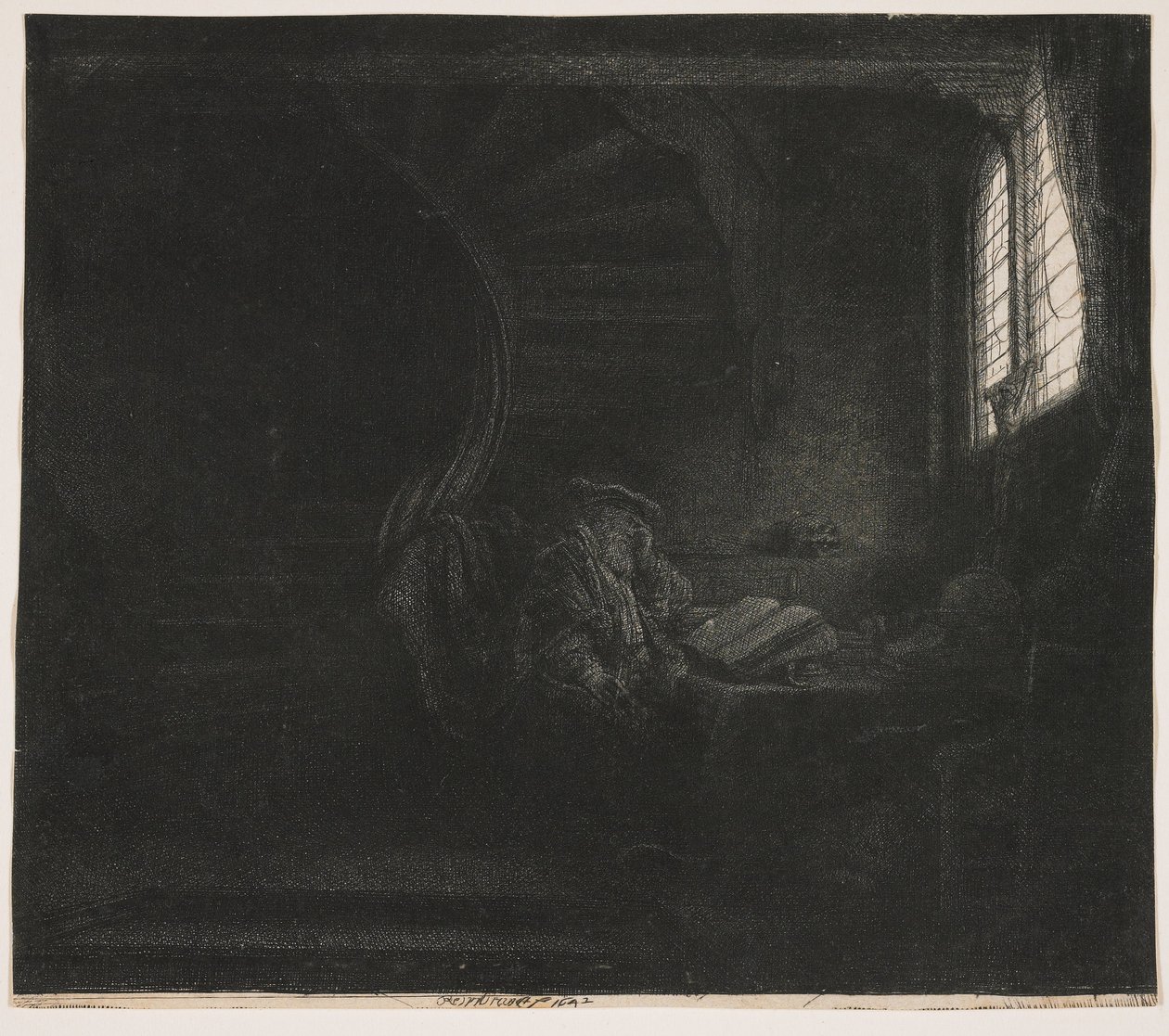 De heilige Hiëronymus in een donkere kamer door Rembrandt van Rijn