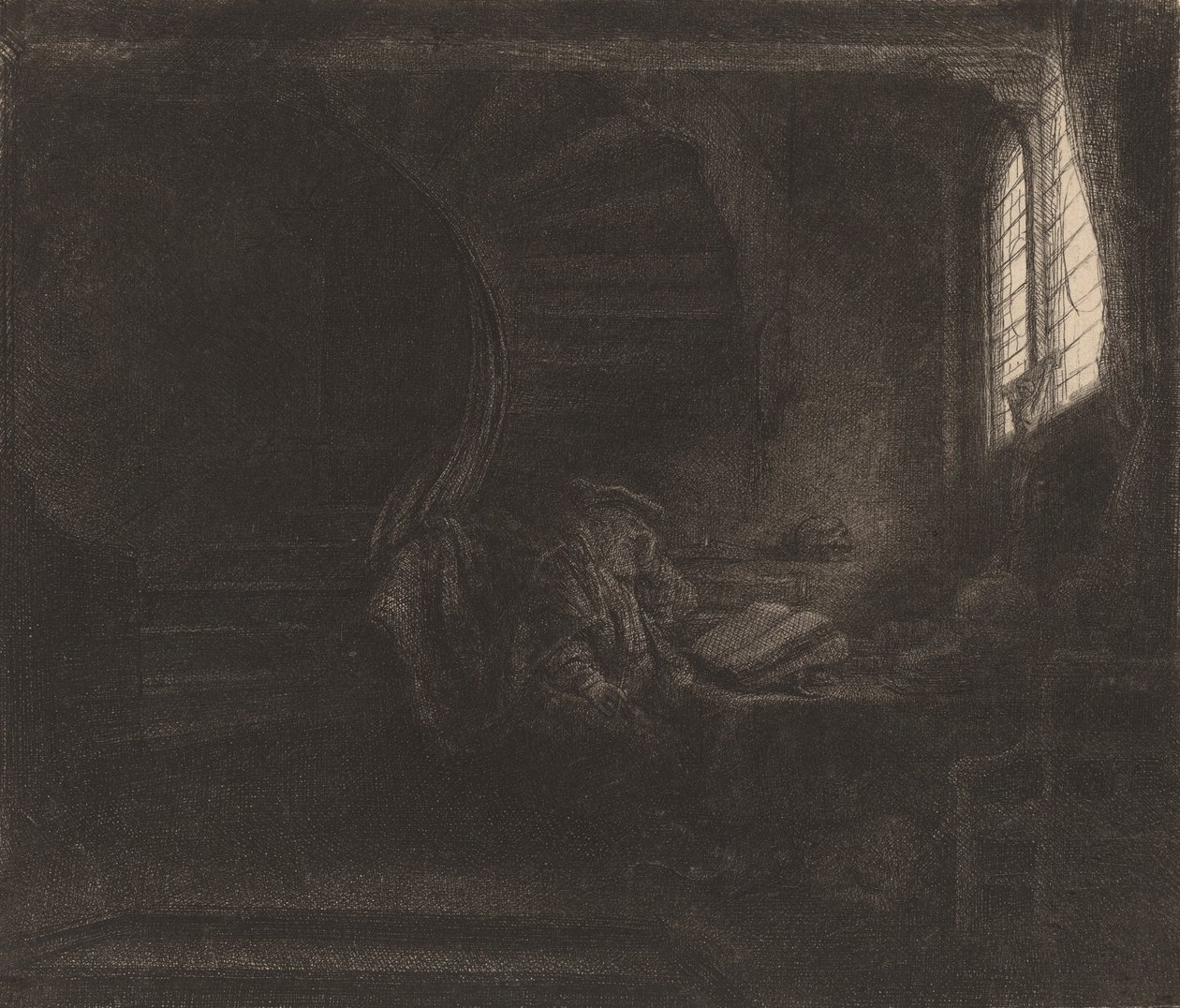 Sint Hiëronymus in een Donkere Kamer door Rembrandt van Rijn