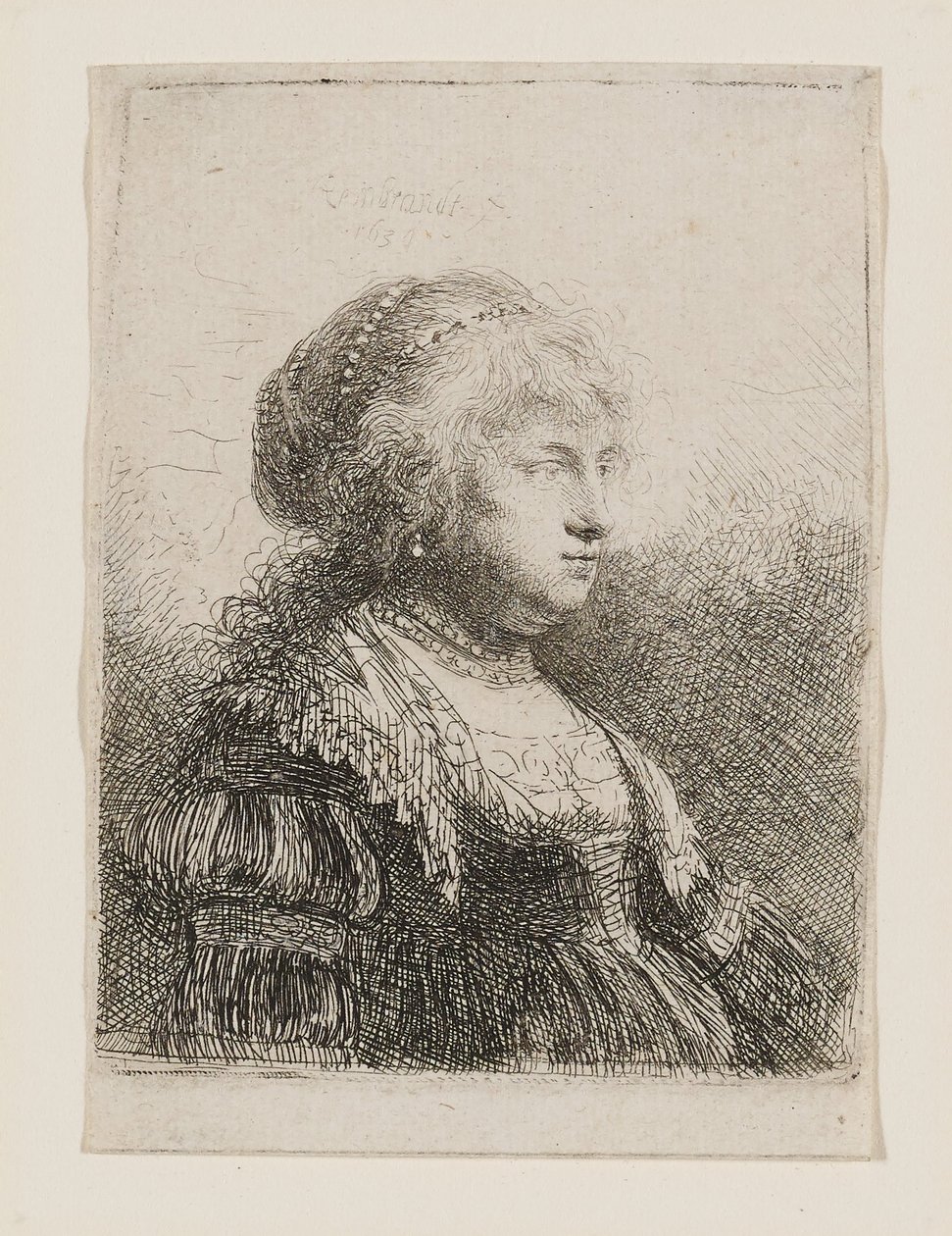 Saskia met parels in haar haar door Rembrandt van Rijn