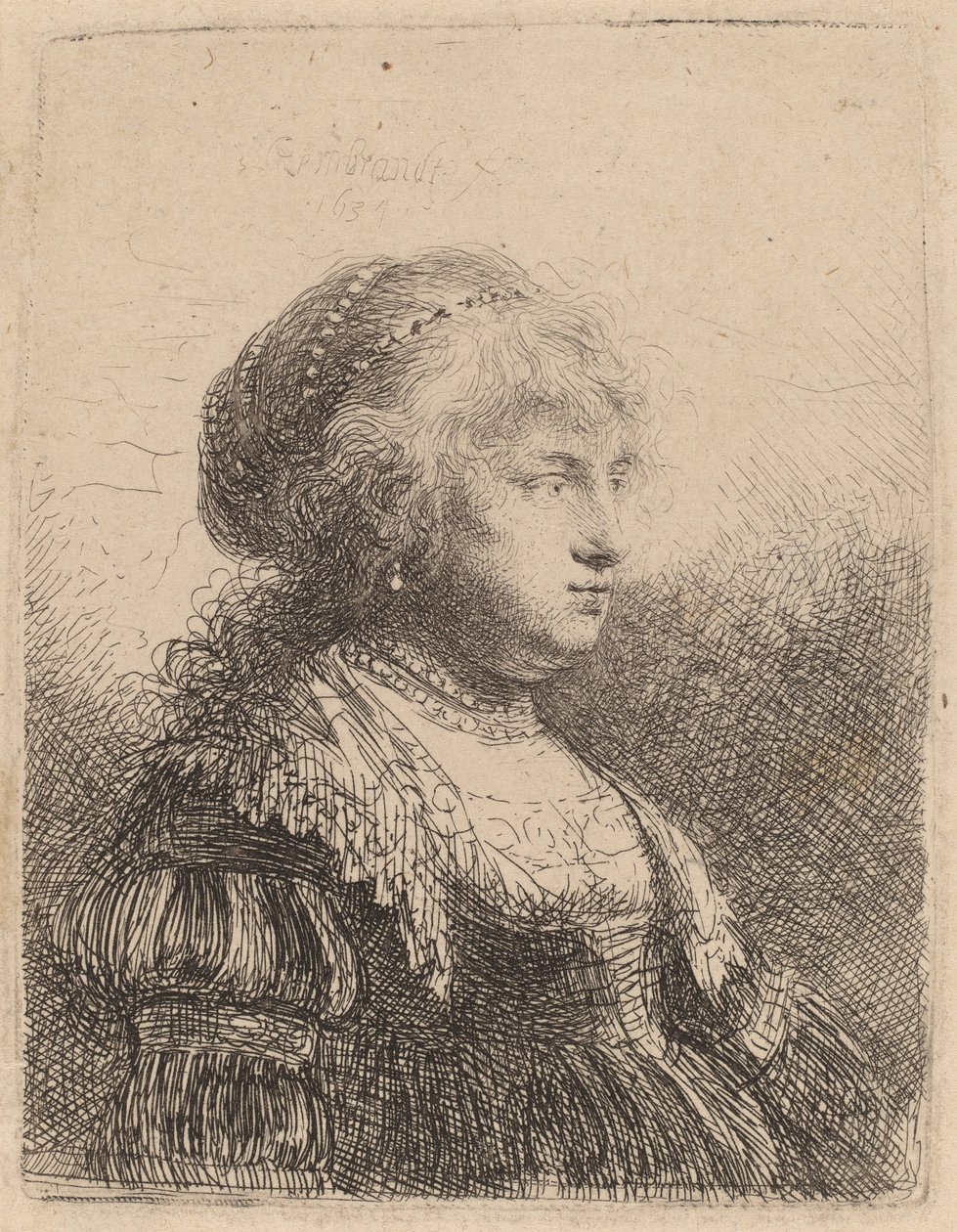 Saskia met Parels in Haar Haar, 1634 door Rembrandt van Rijn