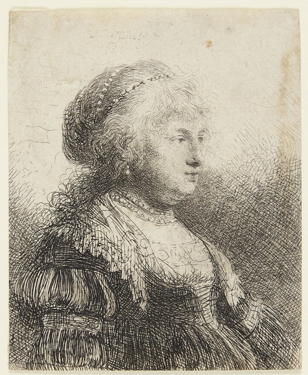 Saskia met parels in haar haar door Rembrandt van Rijn