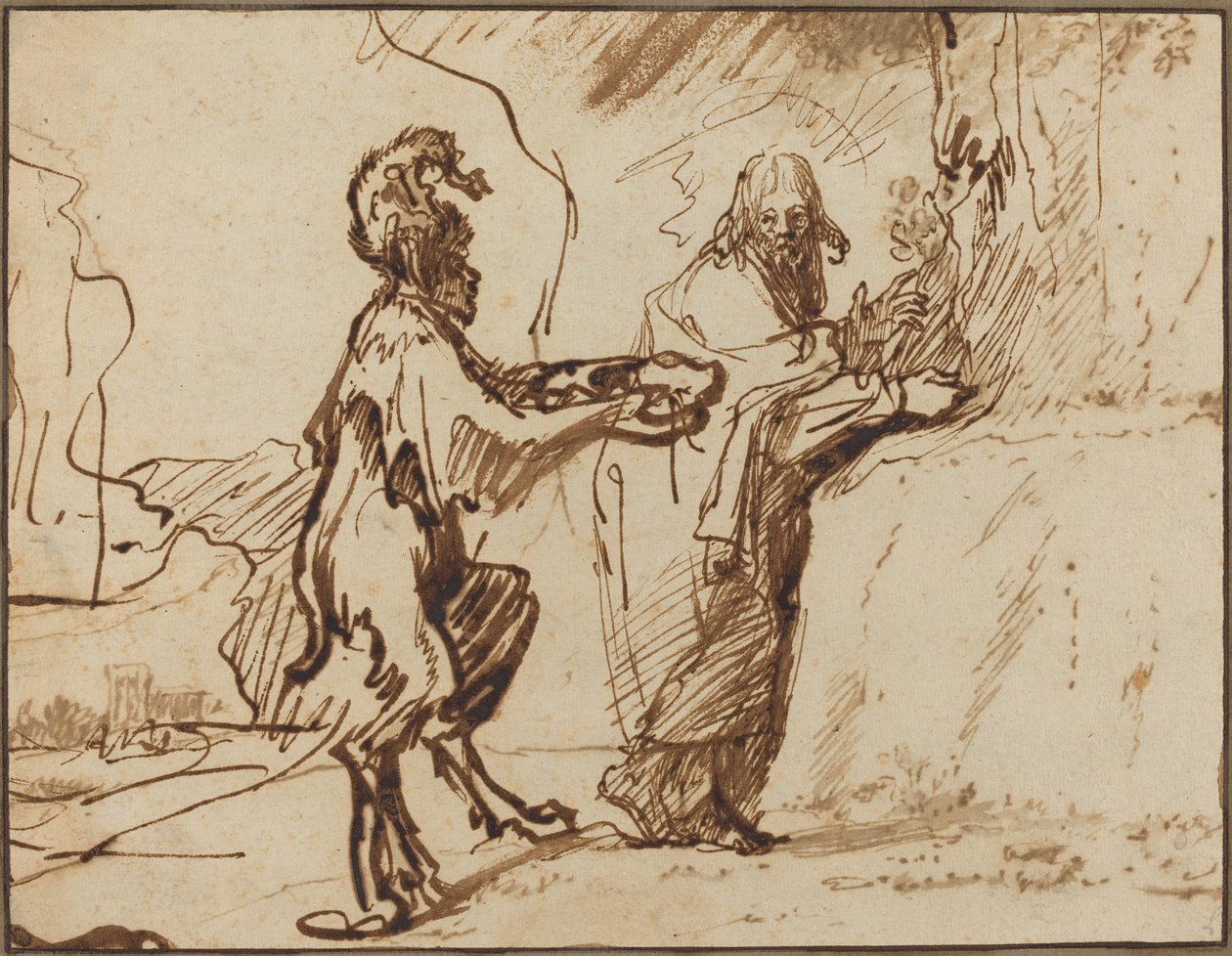 Satan Verleidt Christus om Stenen in Brood te Veranderen door Rembrandt van Rijn